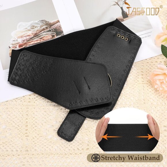 Women Vintage Wide Elastic Studded Stretchy Waist Belt Rivets Metal Buckle Black
